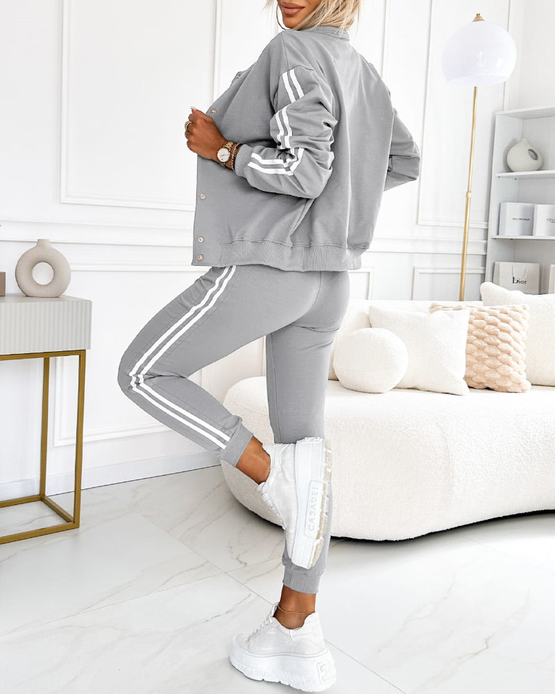 Conjunto de 3 piezas: abrigo con botones a presión delanteros, pantalones elásticos con cintura elástica, costuras delanteras y puños elásticos, y camiseta de tirantes; chándal casual con rayas laterales en contraste