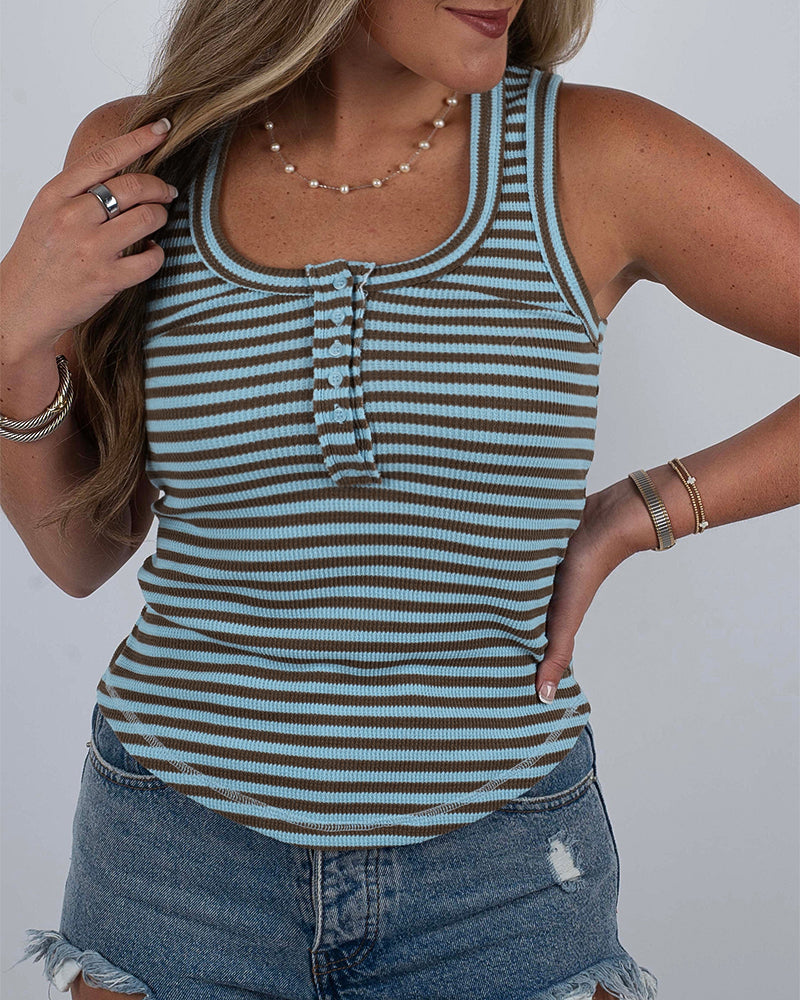 Women's Striped Waffle Knit Tank Top Button Front U Neck Racerback Slim Fit Top