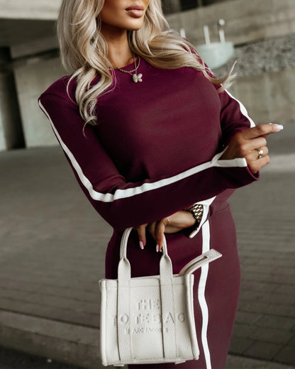 2 Pieces Outfit O-Neck Long Sleeve Slit Cuffs Pullover Top and Elastic Waist Slit Front Skirt Set Casual Contrast Striped Set