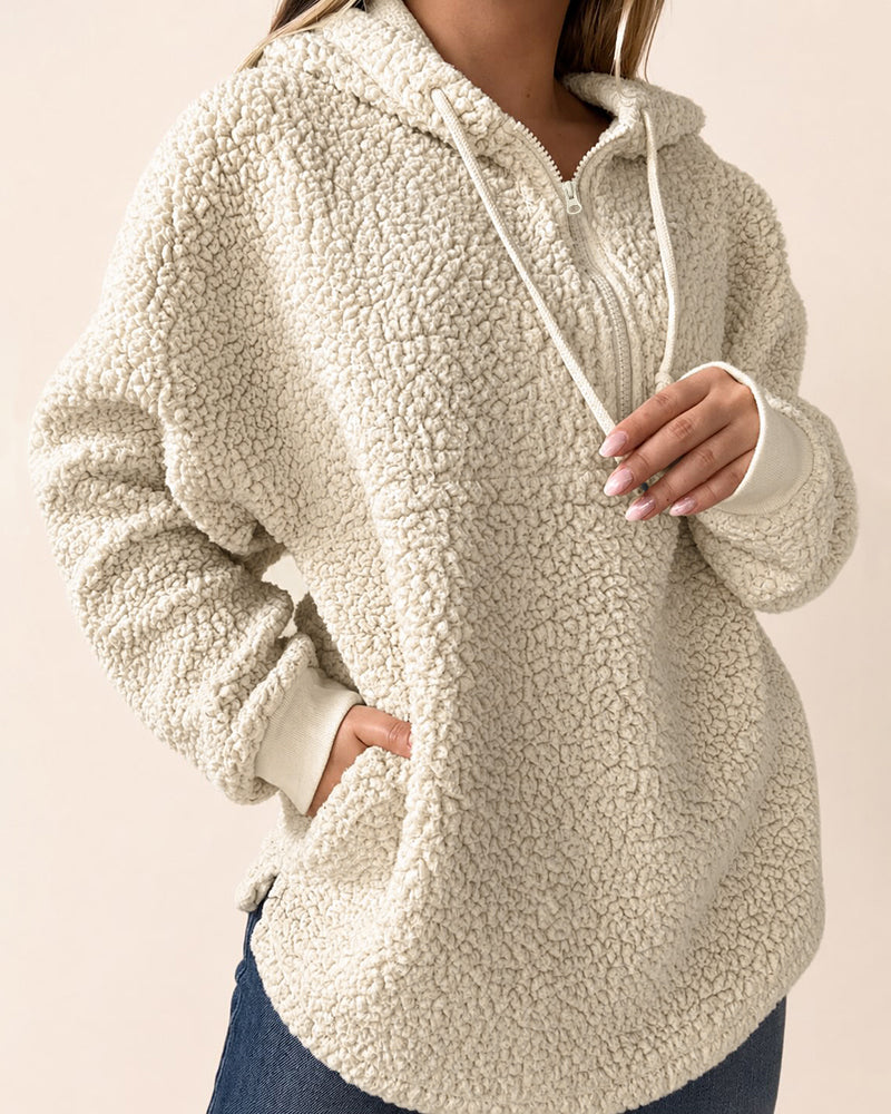 Women's Half Zip Oversized Fleece Hoodie Top Casual Drawstring Slit Hem Fuzzy Pullover Sweatshirt