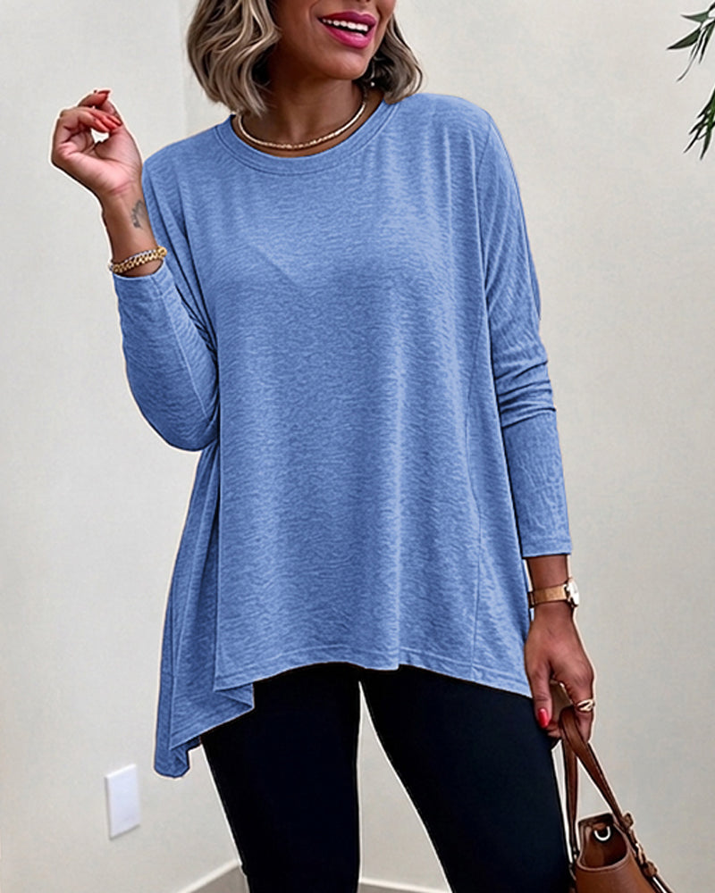 Haut à manches longues avec ourlet asymétrique pour femme, coupe ample, épaules tombantes, col rond, doux, ample, décontracté