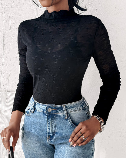 Lace Frill Hem Mock Neck Long Sleeve T-Shirt Sexy Floral Sheer Mesh Hollow Out Top