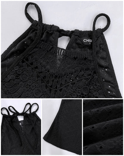 Halter Lace Up Water Soluble Lace Trim Sleeveless Tank Jacquard Casual Slim Fit Knit Top