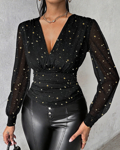 Star Pattern Deep V-Neck Mesh Lantern Sleeve Blouse Casual Ruched Cinched Waist Glitter Top