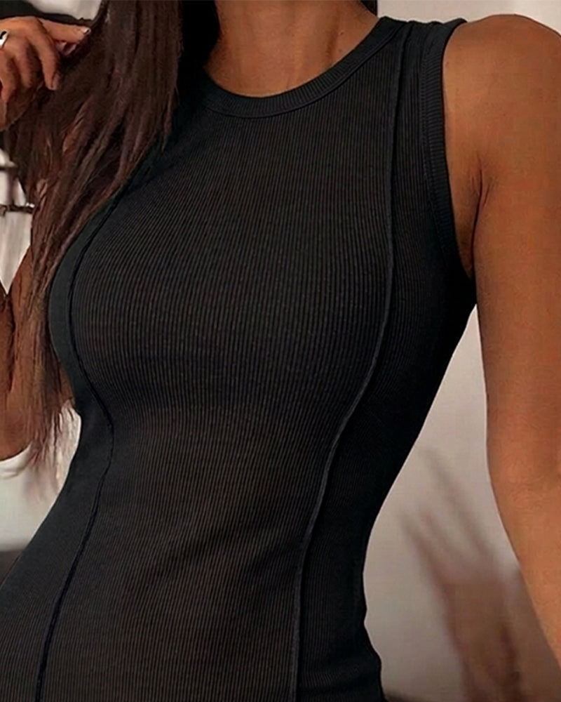 Women's Ribbed Tank Dress Sleeveless Crew Neck Bodycon Mini Dress Solid Slim Fit Stretchy Layering Casual Dress