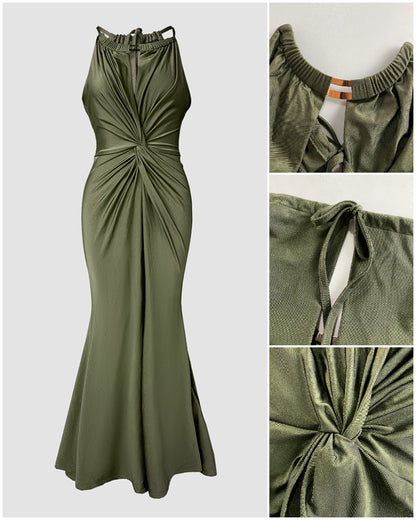 Satin Sleeveless Hollow-out Twist Front Evening Dress Tied Detail Backless Zipper Back Mermaid Hem Dress
