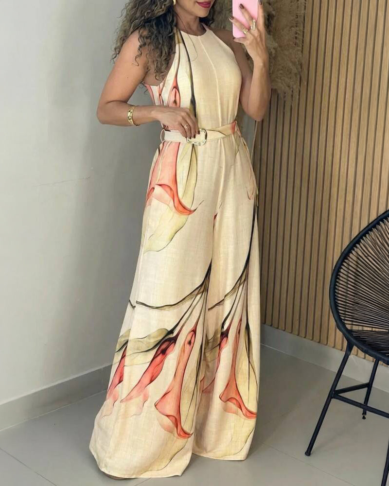Women's Elegant Ink Floral Print Wide Leg Jumpsuit Casual Sleeveless Vacation Overalls with Belt