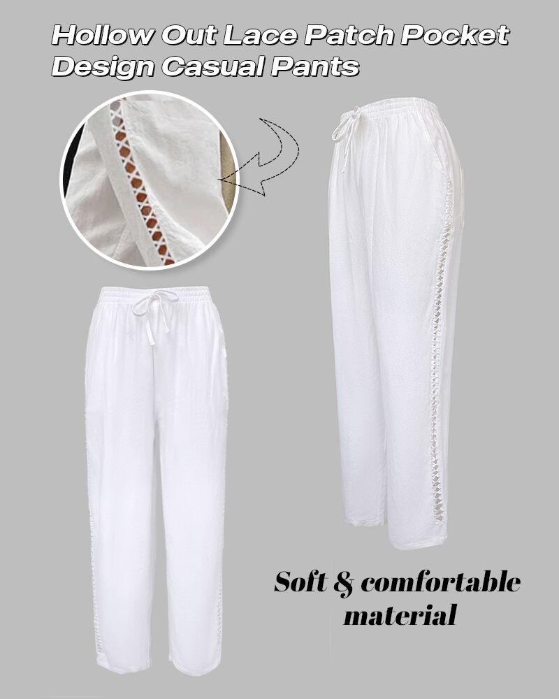 Hollow Out Lace Patch Pocket Design Casual Pants