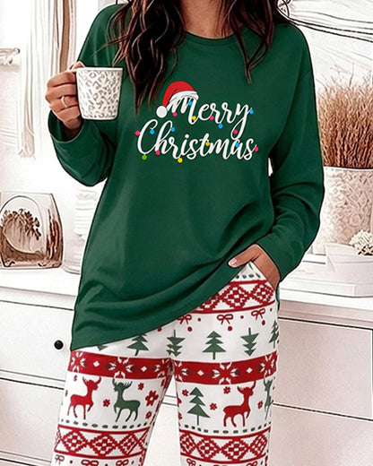Women's Two Piece Pajamas Set Slogan Print Top and Christmas Print Pants Casual Lounge Set