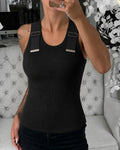 Women's Ribbed Knit Tank Top Adjustable Buckle Strap Side Ruched Knit Top Curved Hem Slim Fit Vest