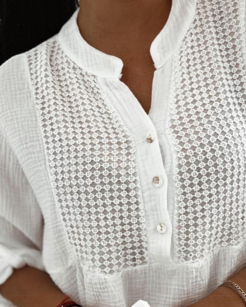 Notch Neck Roll Up Sleeve Lace Overlay Shirt Half Button Front Ruffle Hem Casual Top