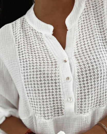 Notch Neck Roll Up Sleeve Lace Overlay Shirt Half Button Front Ruffle Hem Casual Top