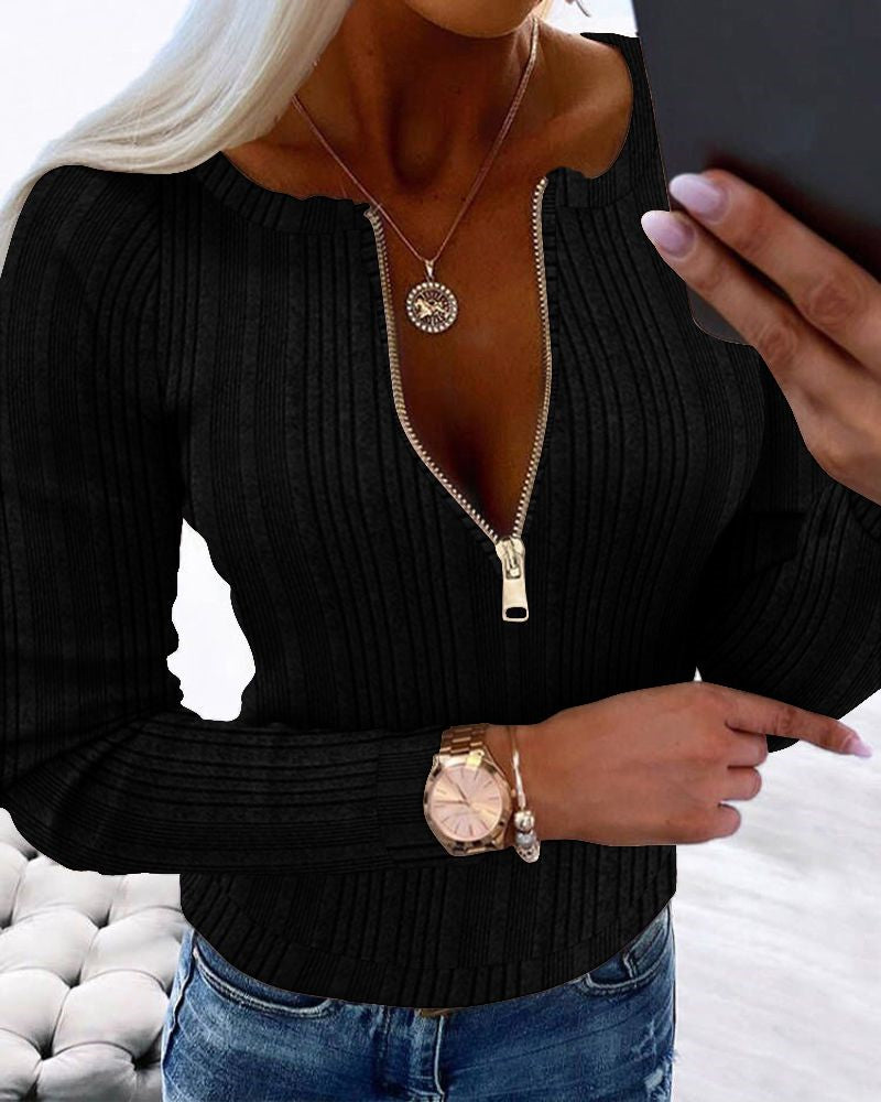 Crewneck Long Sleeve Ribbed Top Half Zipper Design Casual Pullover Tops