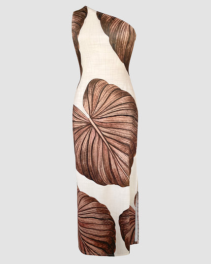 Tropical Print One Shoulder Bodycon Slit Dress Sexy Slim Fit Maxi Dress