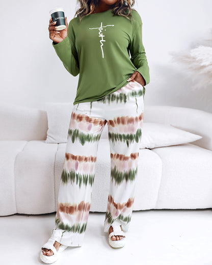 2 Pieces Outfit Letter Placement Print Long Sleeve Drop Shoulder Top and Ombre Loose Fit Pants Set Casual Pajamas Set