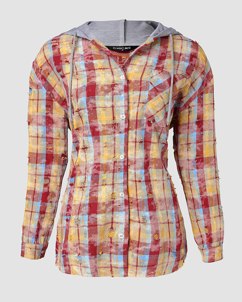Colorblock Plaid Print Hooded Distressed Button Front Coat Shacket