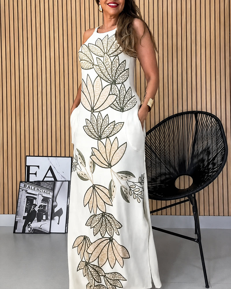 Women's Plants Print Maxi Dress Backless Side Slit Cami Dress Casual Adjustable Straps Vacation Dress with Pockets