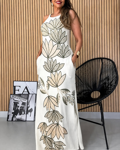 Women's Plants Print Maxi Dress Backless Side Slit Cami Dress Casual Adjustable Straps Vacation Dress with Pockets