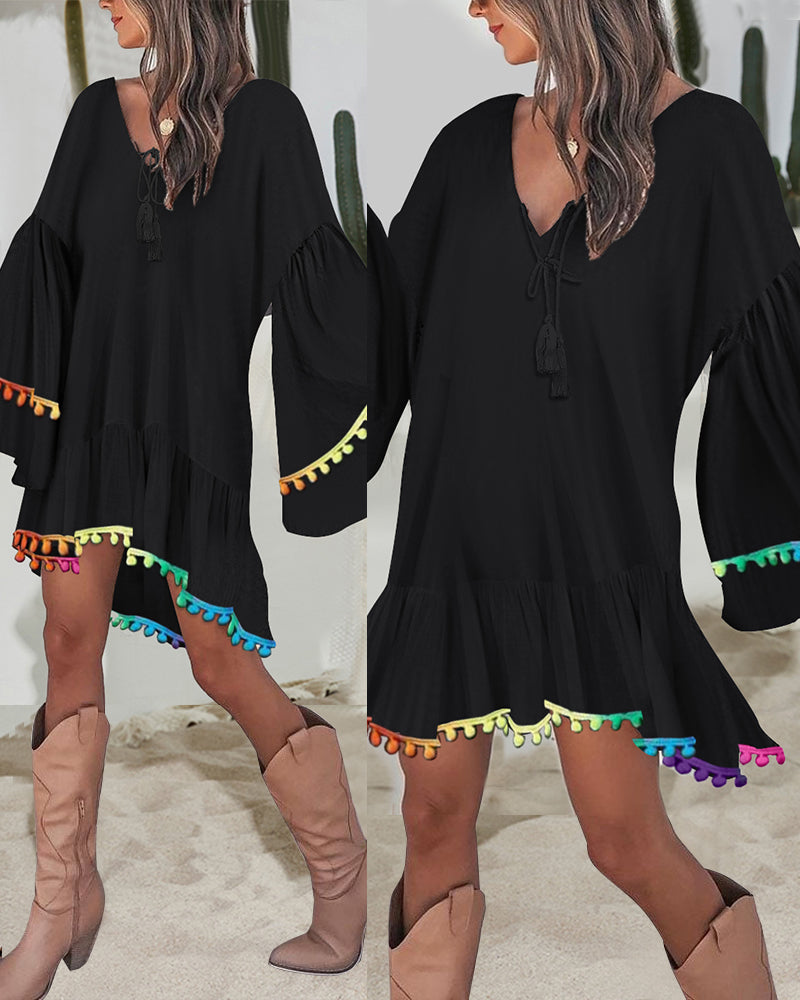 Colorblock V-Neck Bell Sleeve A Line Tassel Mini Dress Vacation Dress