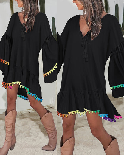 Colorblock V-Neck Bell Sleeve A Line Tassel Mini Dress Vacation Dress