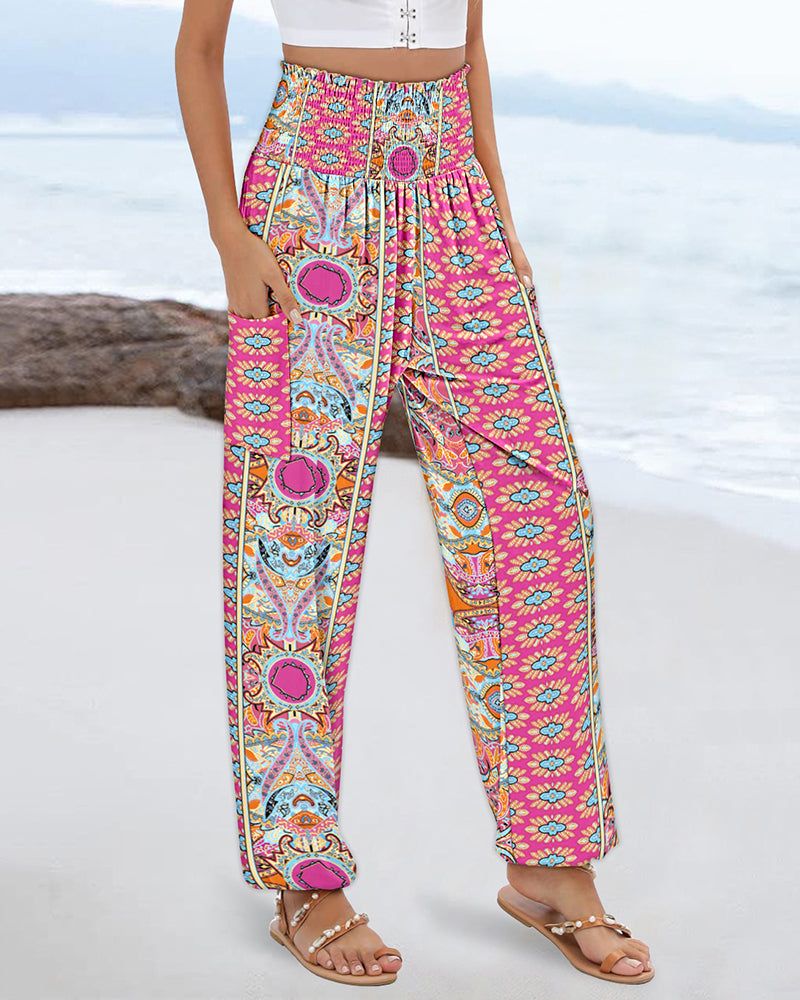 Tribal Print Shirred High Waist Cinched Hem Long Pants Vacation Pants with Pocket Vintage Pants