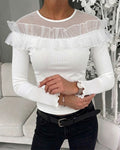 Women's Ruffle Sheer Mesh Spliced Long Sleeve Ribbed Knit Top