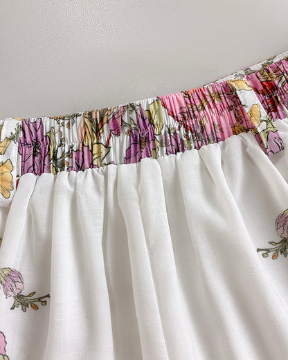 2 Pieces Outfit Floral Placement Print Stand Collar Button Button Front Lantern Sleeve Top and Casual Elastic Back Waist Shorts Set with Belt