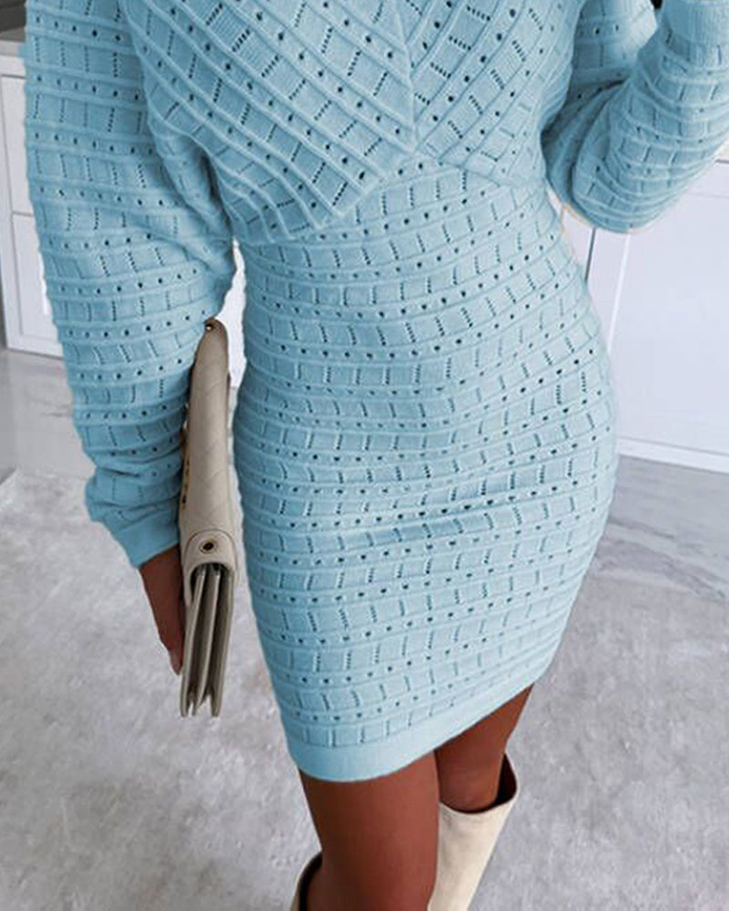 V-Neck Hollow Out Long Sleeve Knit Dress