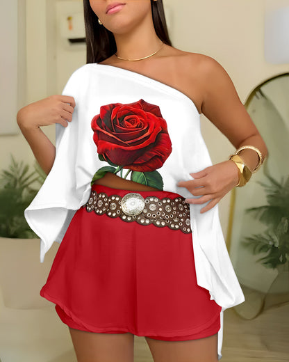 3 Pieces Outfit Floral Print Off Shoulder Split Sleeve Convertible Shoulder Top and Zipper Back Skorts Set with Bandeau