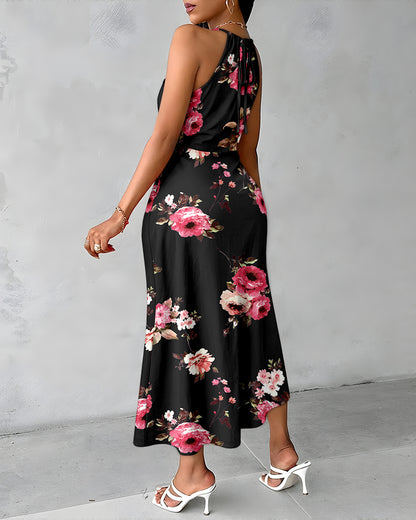Vintage Floral Print Halter Tie Hollow-out Criss Cross Spliced Front Ruched Dress Casual Draped Slit Front Vacation Dress