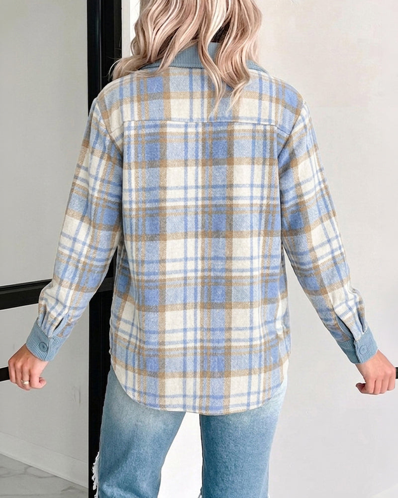 Women's Two-Way Reversible Corduroy Plaid Shacket Button Down Long Sleeve Shirt Jacket