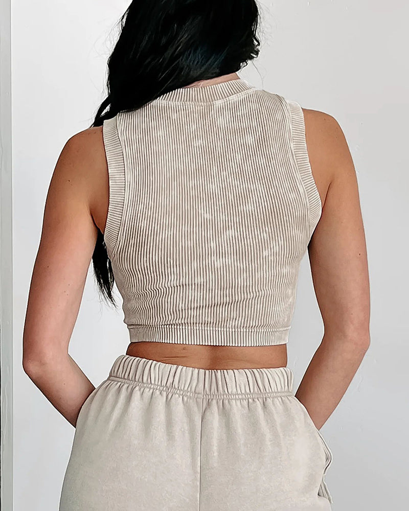 2-Pack Women's Washed Knit Tank Top Ribbed Sleeveless O-neck Cropped Tee Retro Casual Layering Top