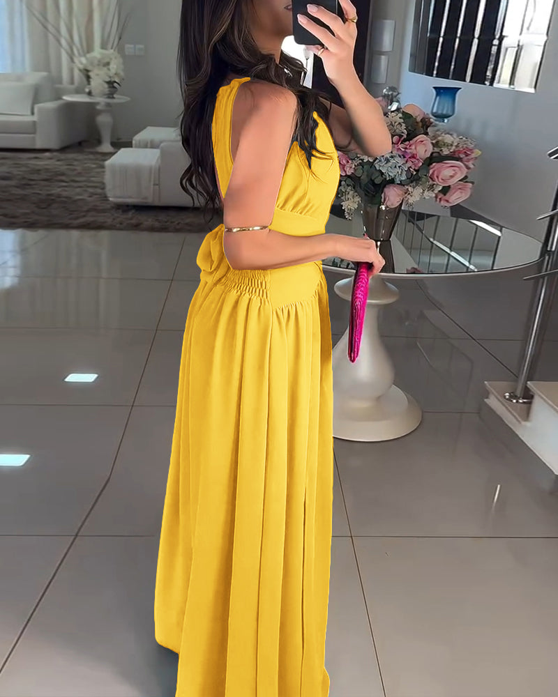 Halter Sleeveless Tied Detail Shirred Criss Cross Flared Dress Glamorous Evening Dress