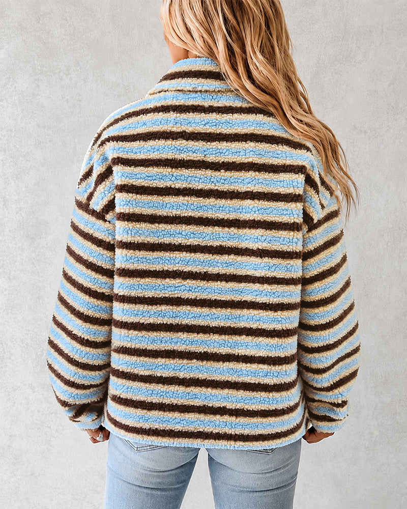 Women's Striped Fleece Sweatshirt Half Zip Fuzzy Sherpa Pullover Top