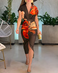 Floral Placement Print Deep V-Neck Front Slit Dress Ruched Slim Fit Vacation Dress