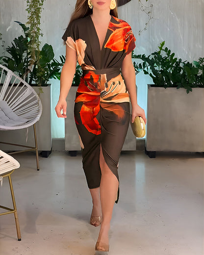 Floral Placement Print Deep V-Neck Front Slit Dress Ruched Slim Fit Vacation Dress