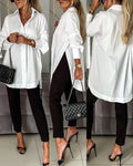Women's Cotton Oversized Button Down Shirt Long Sleeve Blouse Casual Curved Hem Top