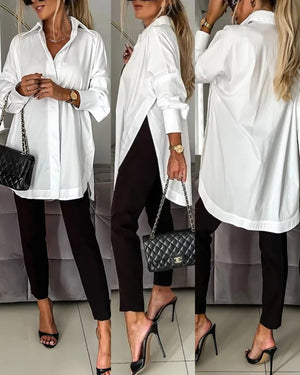 Women's Cotton Oversized Button Down Shirt Long Sleeve Blouse Casual Curved Hem Top