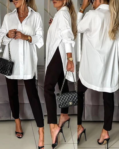 Women's Cotton Oversized Button Down Shirt Long Sleeve Blouse Casual Curved Hem Top