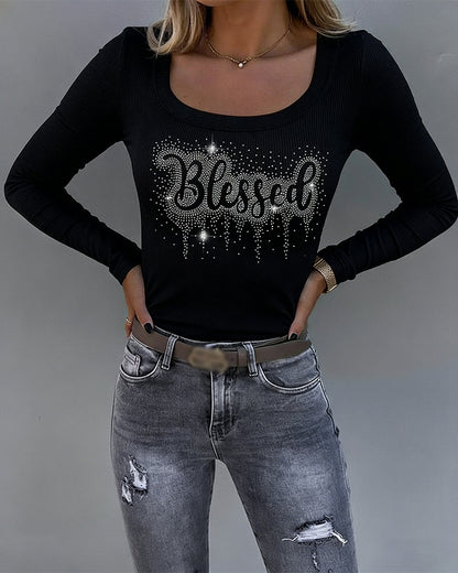 Women's Square Neck Ribbed Knit Top Long Sleeve Rhinestone Letter Slim Fit Tee Sparkly Party Top
