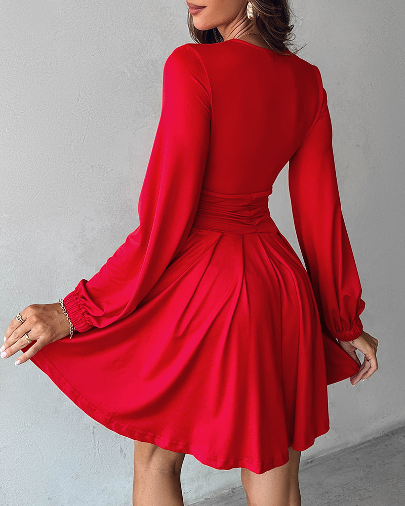 Deep V Neck Lantern Sleeve Ruched Pleated A Line Flowy Dress Single Breasted Decor Cinched Waist Party Dress