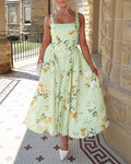 Women's Floral Midi Dress Square Neck Sleeveless Tank Sundress Backless Tie Back A Line Flowy Vacation Dress
