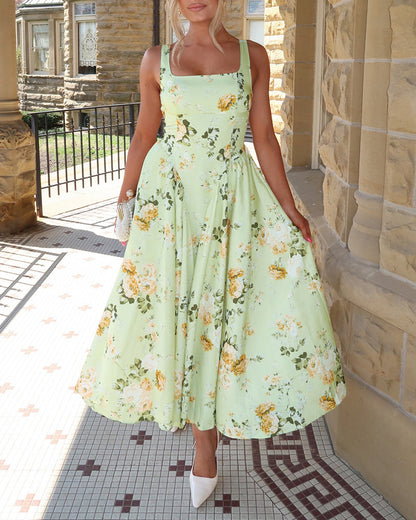 Women's Floral Midi Dress Square Neck Sleeveless Tank Sundress Backless Tie Back A Line Flowy Vacation Dress