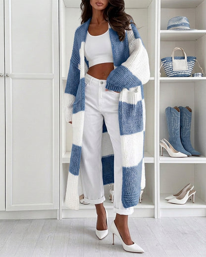 Women's Checkerboard Knit Cardigan Oversized Long Chunky Sweater Loose Lantern Sleeve Coat with Pockets
