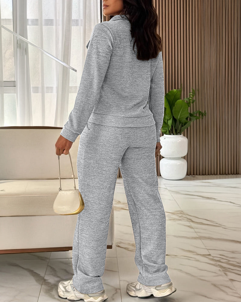 Women's Casual Tracksuit Set Zip Up Long Sleeve Lapel Jacket and High Waisted Straight Leg Pants Lounge Set with Pockets