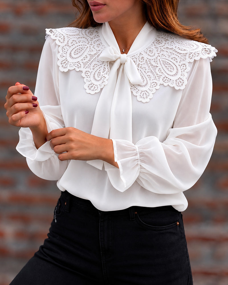 Women's Guipure Lace Spliced Tie Neck Long Sleeve Chiffon Blouse