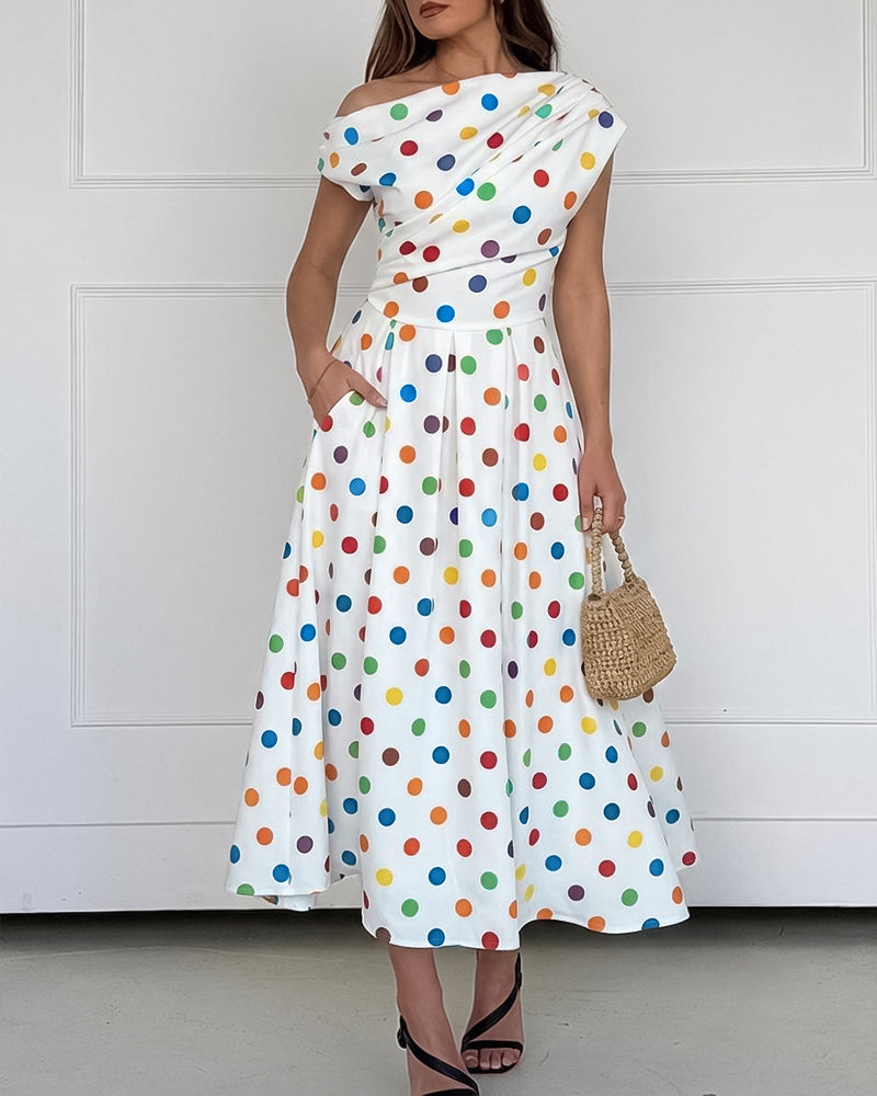 Women's Skew Neck Midi Dress Ruched Polka Dot Vacation Dress High Waisted A-Line Sundress with Pockets