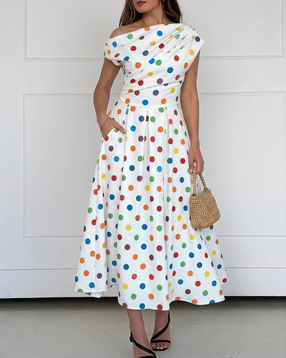 Women's Skew Neck Midi Dress Ruched Polka Dot Vacation Dress High Waisted A-Line Sundress with Pockets