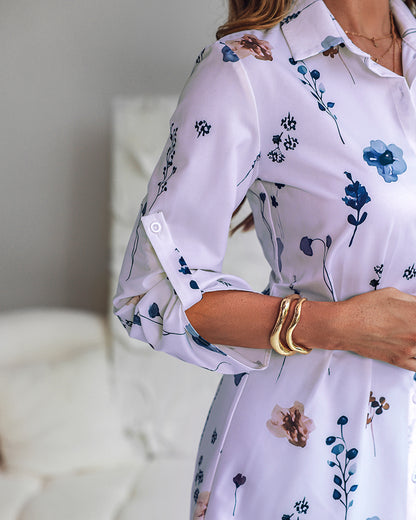 Watercolor Floral Print Turn-down Collar Turn-Up Sleeves Shirred Back Shirt Dress Casual Button Down Cinched Waist Asymmetrical Hem Vacation Dress