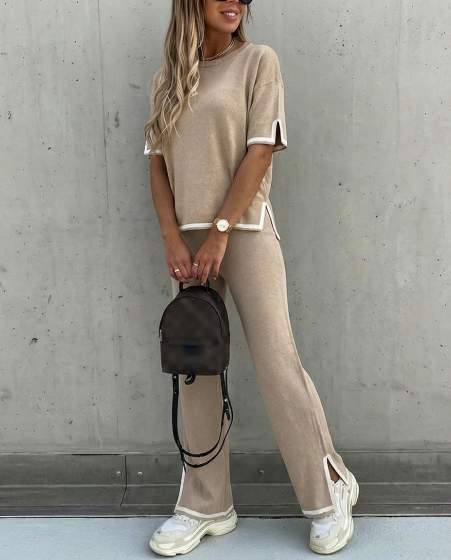 2 Pieces Outfit Round Neck Short Sleeve High-Low Hem Top and Elastic Waist Straight Leg Pants Set Casual Contrast Paneled Side Slit Knit Loungewear Set